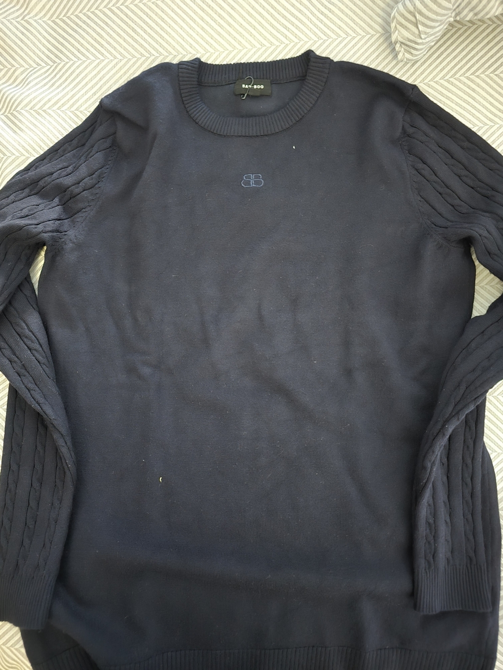 BAMBOO Navy Cable-Sleeve Crewneck Sweater